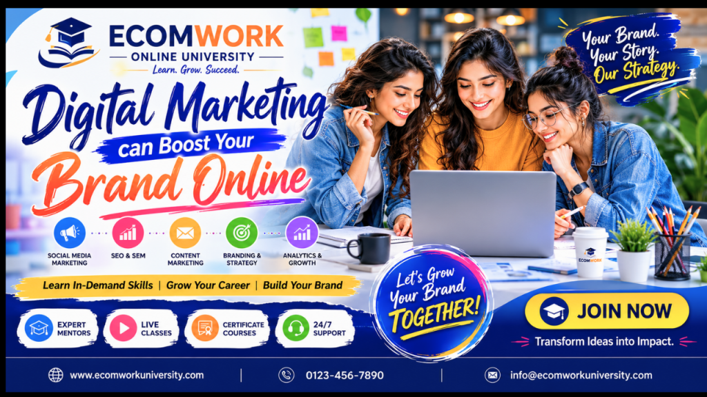 Students learning digital marketing and online business skills at ECOMWORK Online University
