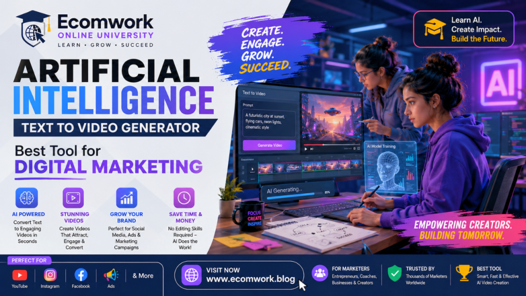 AI tool interface showing artificial intelligence text-to-video generation, converting written prompts into marketing videos with automation, editing features, and digital content creation dashboard.
